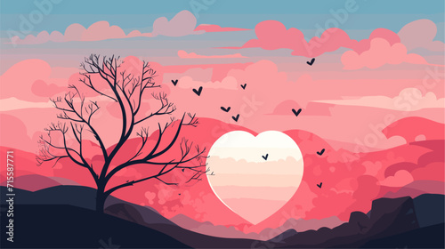 Small minimalist background illustration, line art style. one line, creative,anime. tree branches forming a heart shape against a sunset sky, embodying the natural and romantic elements of a