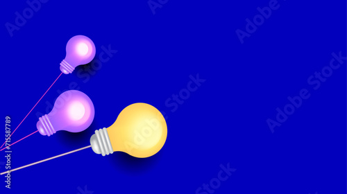 Hanging light bulbs with glowing different ideas on a dark background. 3D vector.