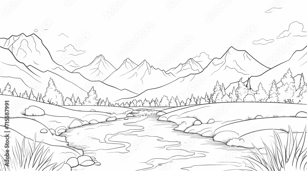 Small minimalist background illustration, line art style. one line, creative,anime. Abstract mountain landscape with flowing river, symbolizing the majestic and tranquil aspects of nature's diverse