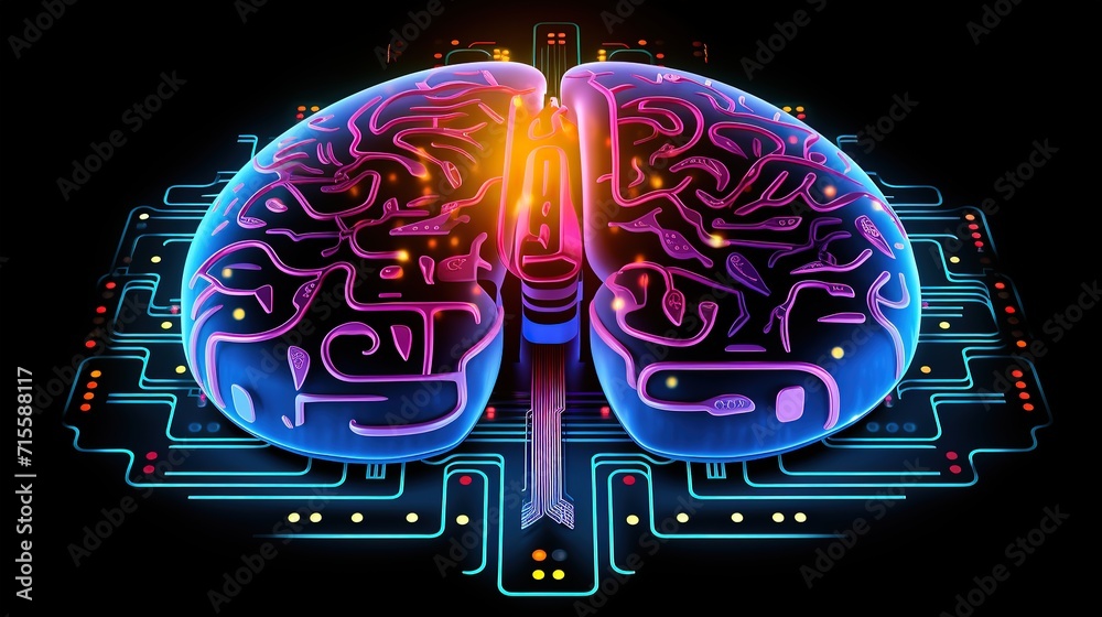 Fototapeta premium Artificial Intelligence in Image of Brain on Neon Computer Chip. Generative AI