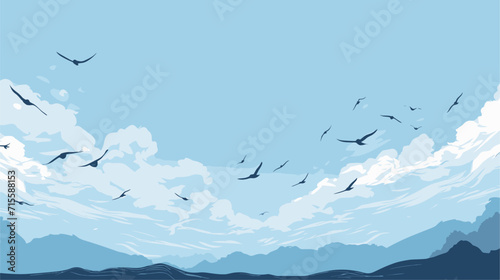 Small minimalist background illustration, line art style. one line, creative,anime. Abstract birds in flight against a blue sky, illustrating the freedom and vitality found in the open expanses of photo