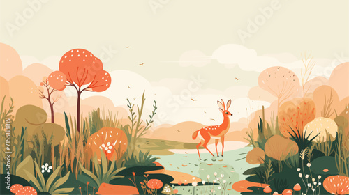 Small minimalist background illustration, line art style. one line, creative,anime. Vector illustration of a diverse flora and fauna composition, portraying the richness and biodiversity of a thriving
