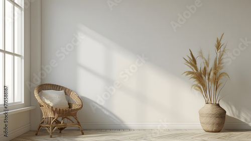 Interior room setting with an empty beige wall for mockups. Cozy brown wicker chair sits beside a potted plant. Natural daylight filters in through a window, casting shadows, copy space.