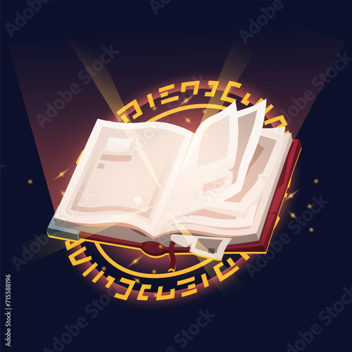 Spell book cast. Magic witchcraft open spell book with torn pages game icon for menu GUI, fantasy colorful grimoire with sparkling magic spell. Vector illustration