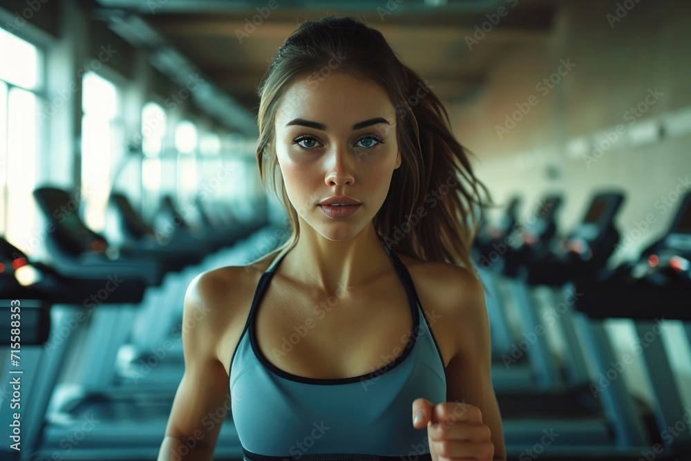 Fit young woman in sportswear running on a treadmill Fit young woman in sportswear running on a treadmill