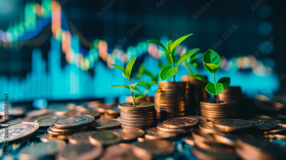 Plants growing on a pile of coins on the table. stock chart background, financial growth and financial freedom concept - obrazy, fototapety, plakaty 