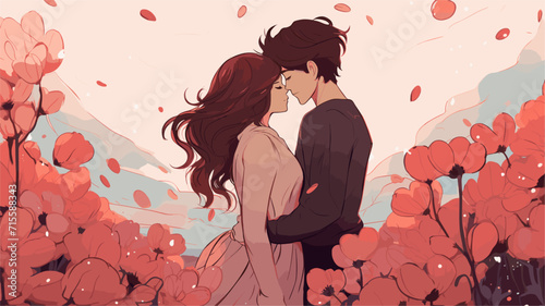 Small minimalist background illustration, line art style. one line, creative,anime.  couple embracing in a garden of flowers, illustrating the romantic and blooming atmosphere of a nature-inspired