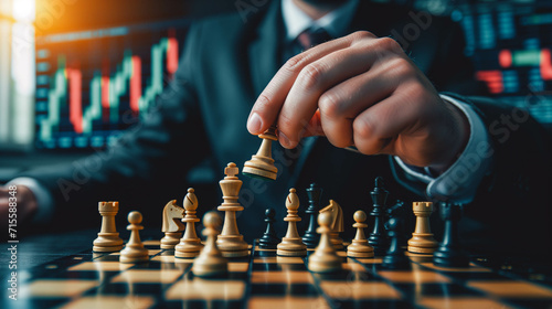 hands of people playing chess on the table, investing and doing business like playing chess concept on stock market background photo