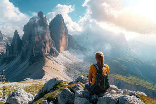 Active woman enjoys the beautiful scenery of the majestic mountains photo