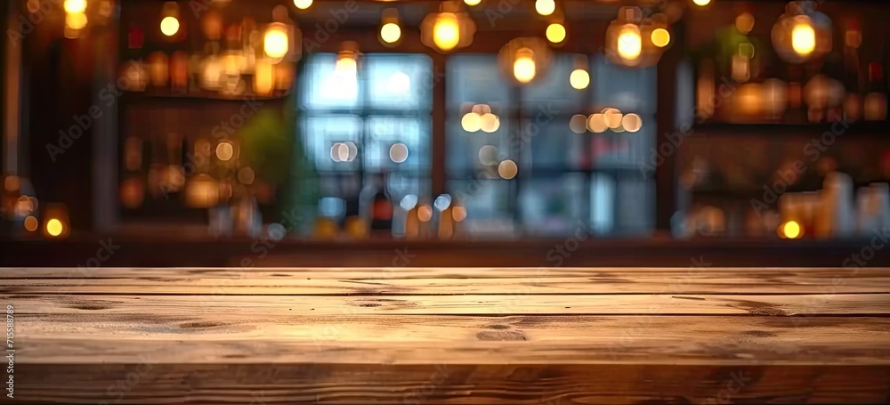Empty wooden table set in bar or pub counter defining interior of cafe light casting blurred shadows in restaurant drink ambiance at night top view against dark background desk space
