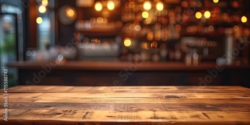 Empty wooden table set in bar or pub counter defining interior of cafe light casting blurred shadows in restaurant drink ambiance at night top view against dark background desk space photo