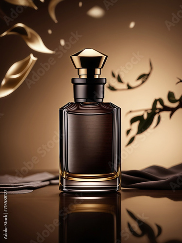 Oud Perfume bottle with agar wood concept photo