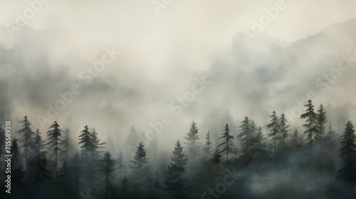 Fog, mist and clouds with subtle gray tones over forest and mountains. Magic panorama wallpaper. Generative ai. © pawczar