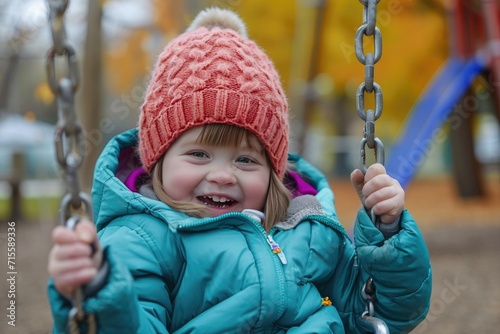 Happy child with down syndrome enjoying swing on playground