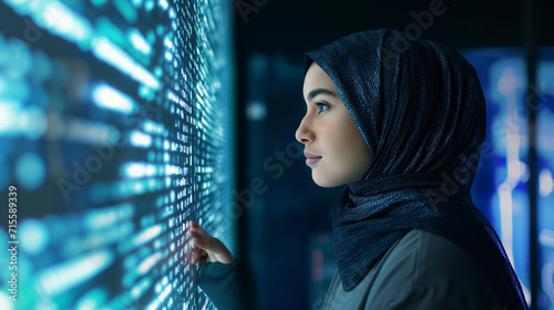 Mulher com Jilbab trabalhando em dados em um painel de informação e tecnologia  © Vitor
