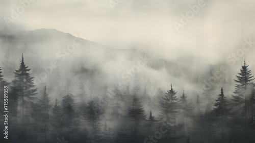 Fog  mist and clouds with subtle gray tones over forest and mountains. Magic panorama wallpaper. Generative ai.