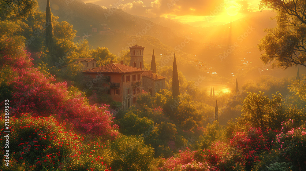 Obraz premium Tuscan Villa Surrounded by Blossoms