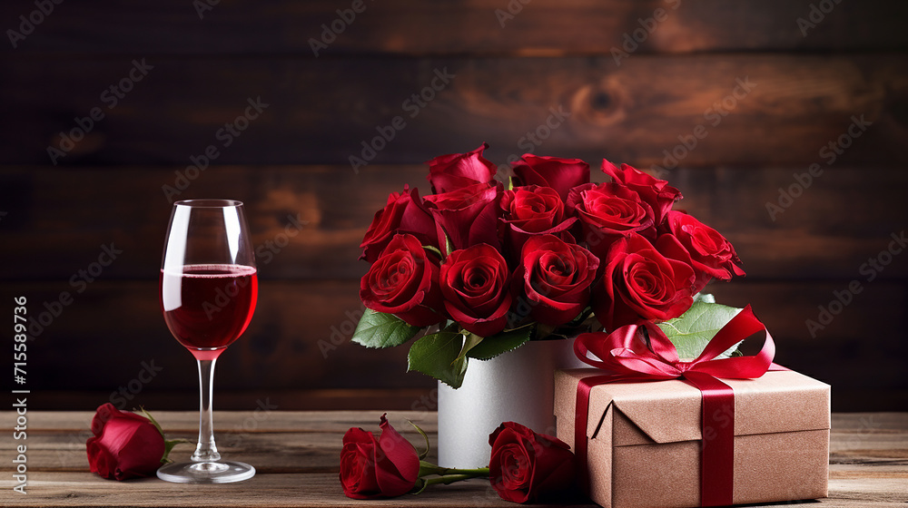valentines day concept, gift box on wooden table with red roses, greeting card