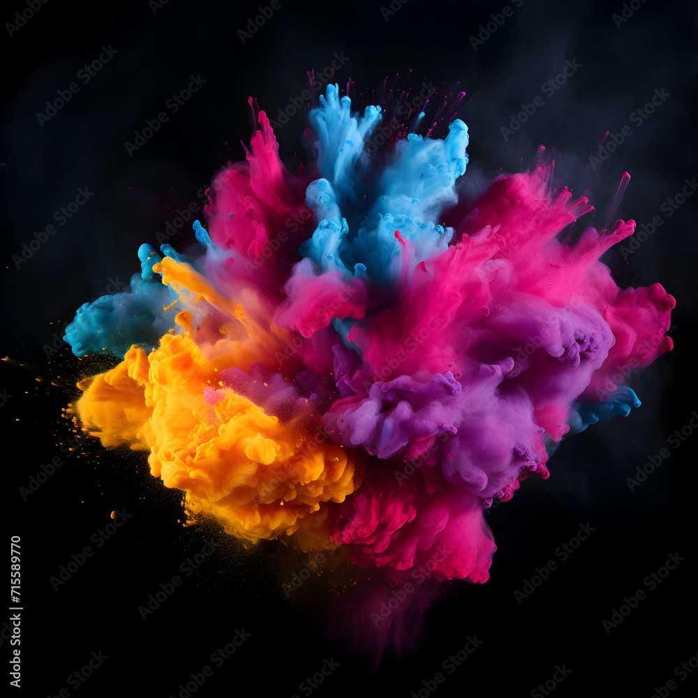 Powder explosion isolated on dark black background. Colored paint splash, generative ai