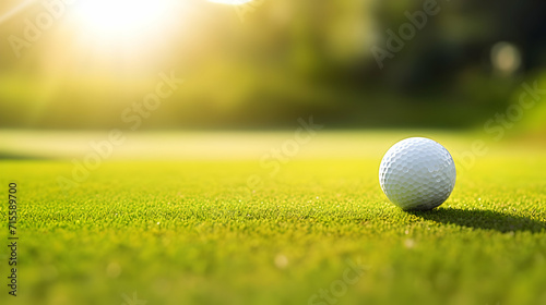 Close up of a golf ball on the grass. Banner with copy space. Sunny bright day. Generative AI.