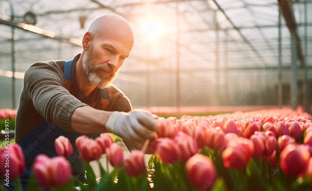 Adult man working in a greenhouse with tulips