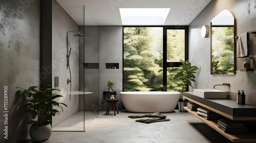 Modern bathroom interior with minimalistic shower and lighting, white toilet, sink, bathtub and roofwindows, generative ai photo