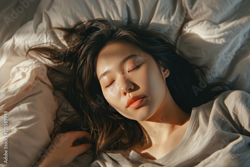 sleeping young asian woman lies in bed with eyes closed