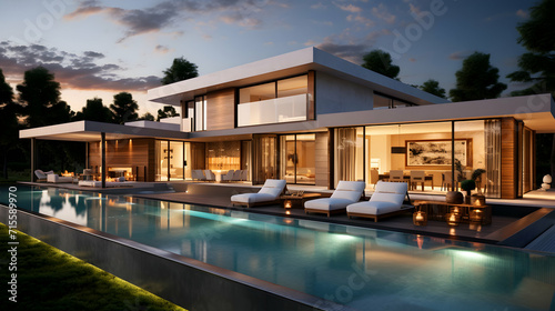 Modern villa with open plan living and private bedroom wing with small terrace for relaxation, real estate brochure advertisement, generative ai © pawczar
