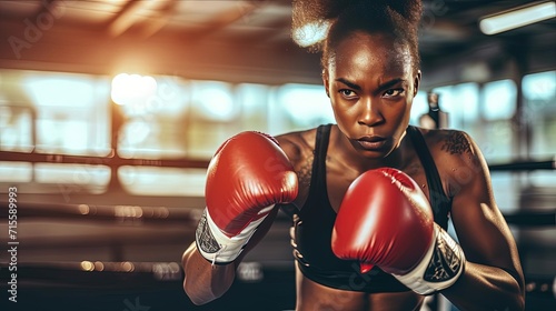 African American woman in boxing gym. Self defense concept. Sweat glistens on her brow as she focuses intensely on her self-defense training in the boxing gym. © Stavros