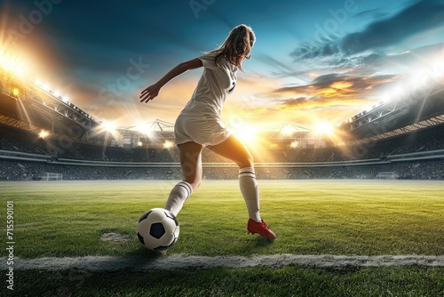 Young female soccer player kicking ball in a stadium