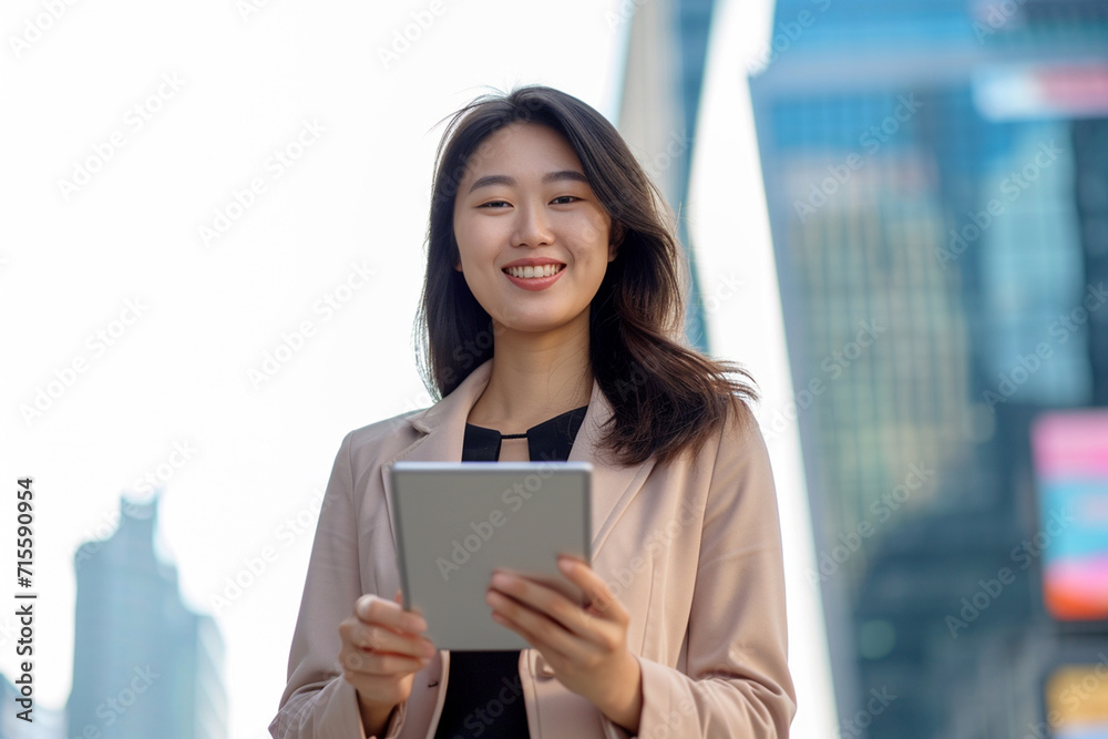 business woman working outside office, tab in hand business woman working outside office, tab in hand