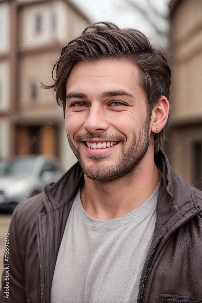 Handsome smiling young man portrait. Cheerful men looking at camera. Generative AI content Handsome smiling young man portrait. Cheerful men looking at camera. Generative AI content