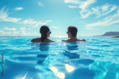 couple in the blue clear swimming pool together enjoying the summer holiday #715590972