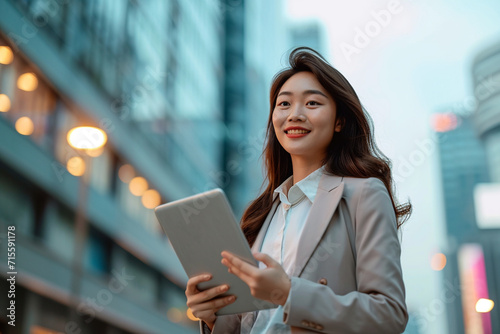 business woman working outside office, tab in hand