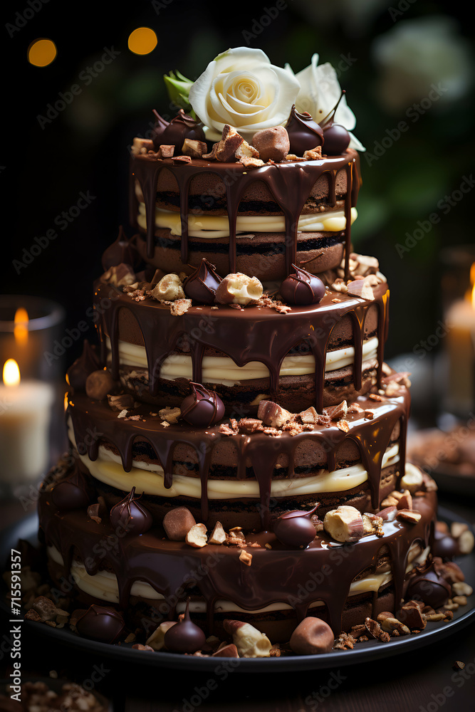  Vertical shot of a decorative wedding cake featuring layers of chocolate, elaborate icing, fruit adornments, and floral decorations, with flowers positioned at the highest point.