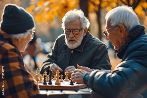 senior friends playing chess game at the park