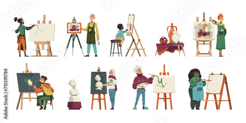 Artist characters at work. Cartoon creative artists at sketching and painting, master working with clay model, handcraft activity. Vector set