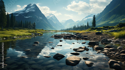 A breathtaking ultra-realistic landscape showcases towering mountains  a pristine lake  and lush pine forests