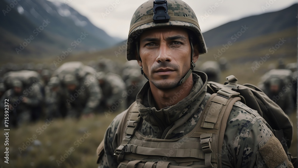 Portrait of a handsome male soldier wearing camouflage on a base camp background from Generative AI