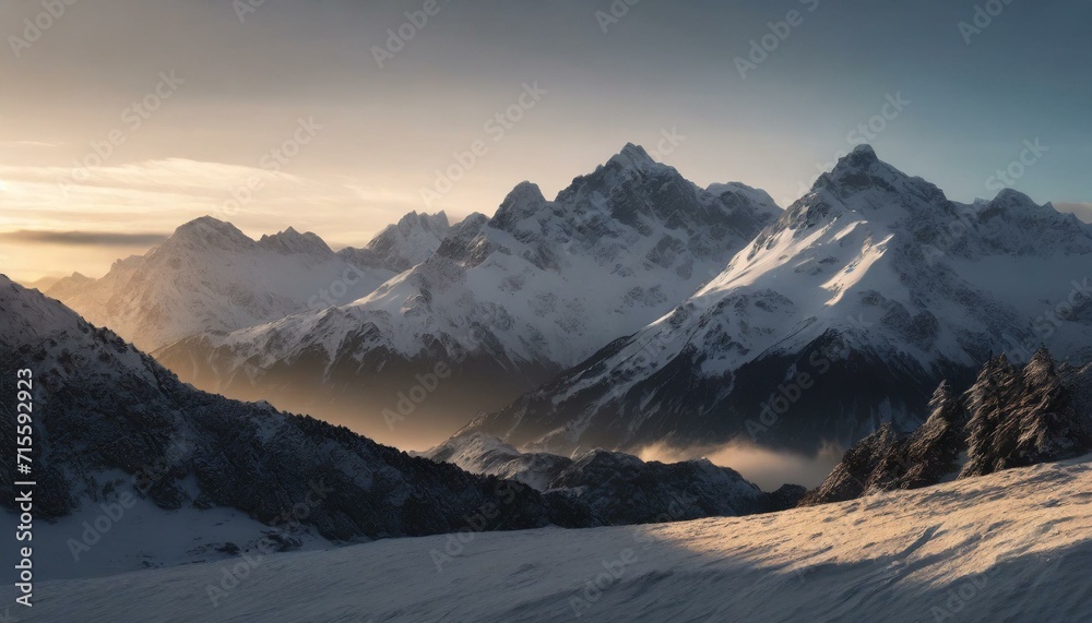 Winter's Embrace: A Majestic Sunrise Illuminates a Snow-Covered Mountain Range, Transforming the Landscape into a Tranquil and Breathtaking Alpine Wonderland. AI generated.