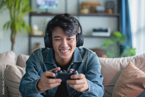 Happy asia man gamer wear headphone play video game online with smartphone