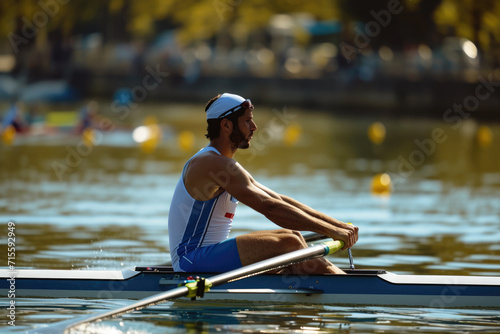 Male athlete in a single-sport rowing on a lake