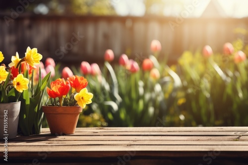 Beautiful tulips in a flower pot on a wooden table in the garden. Concept of gardening and spring. #715592962