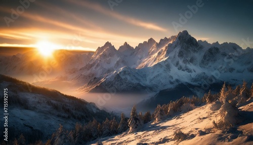 Winter s Embrace  A Majestic Sunrise Illuminates a Snow-Covered Mountain Range  Transforming the Landscape into a Tranquil and Breathtaking Alpine Wonderland. AI generated.