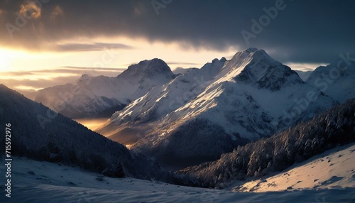 Winter s Embrace  A Majestic Sunrise Illuminates a Snow-Covered Mountain Range  Transforming the Landscape into a Tranquil and Breathtaking Alpine Wonderland. AI generated.