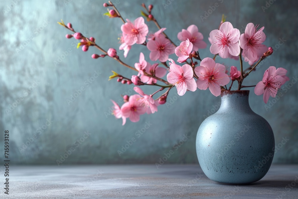 Vase with beautiful blossoming sakura branches on table against color wall