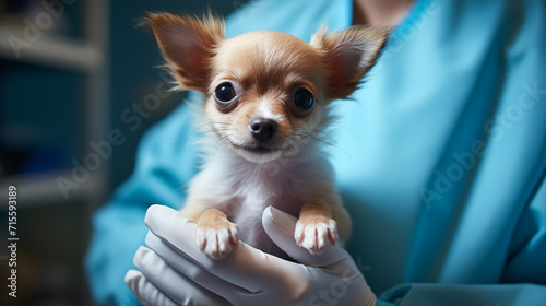 Cropped view of veterinarian in blue coat holding cute dog in hands, caring and treating animals