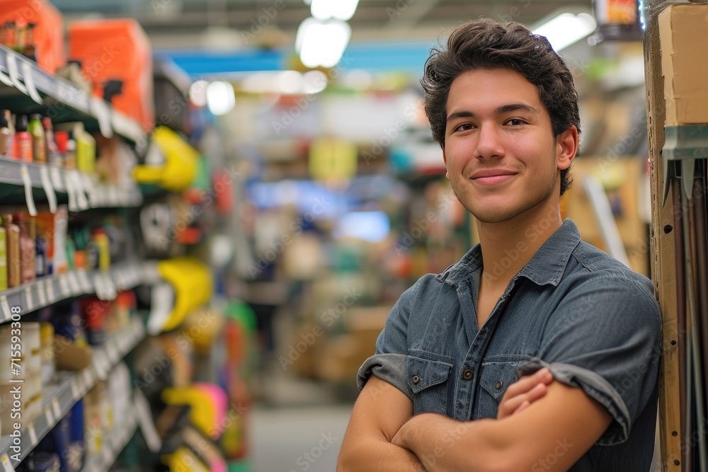 Young latin man working in hardware store - obrazy, fototapety, plakaty 