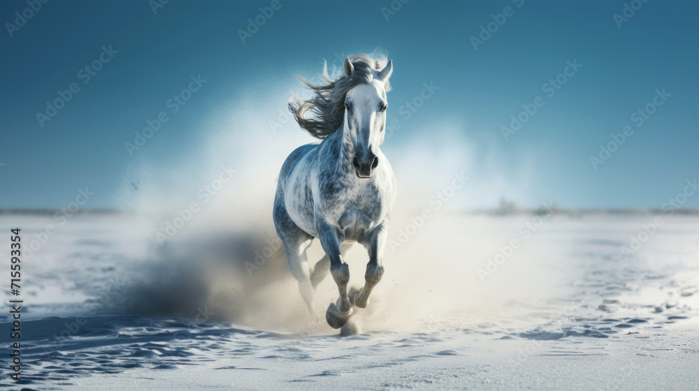Obraz premium Grey Arabians horse run gallop in dust aganist blue sky. Fast and strong animal