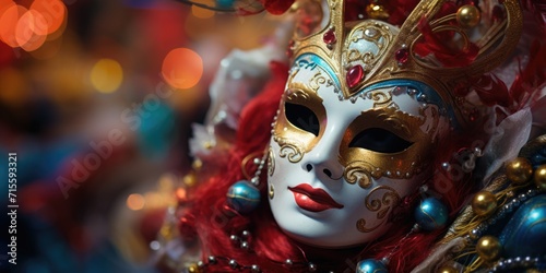 Beautiful Venetian carnival mask with red hair, close up photo